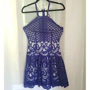 Gianni Bini Coquette Lace A-Line Dress Royal Blue Cottagecore Feminine Size S